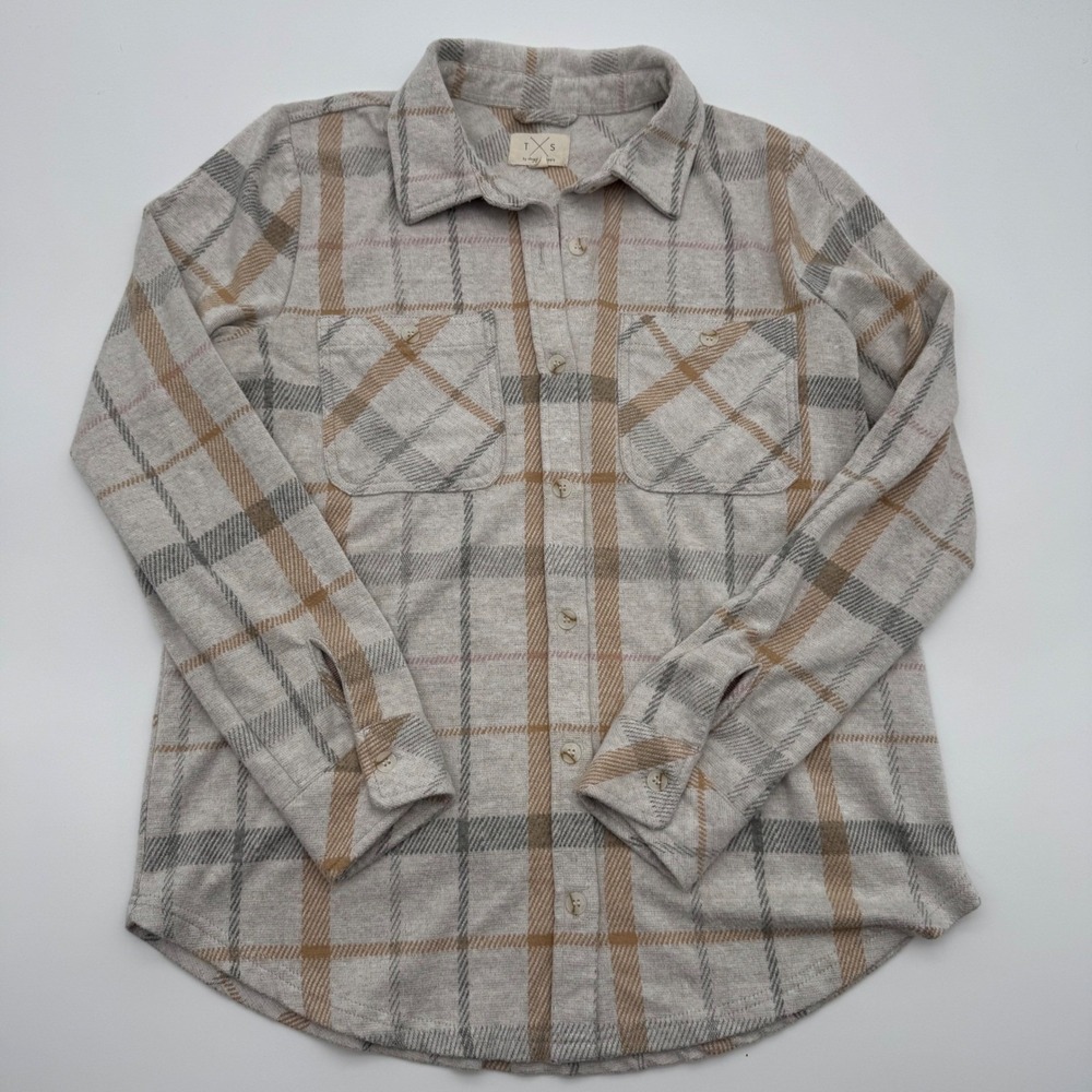 Thread & Supply Womens Small Cream Tan Plaid Flannel Knit Button Down Shacket